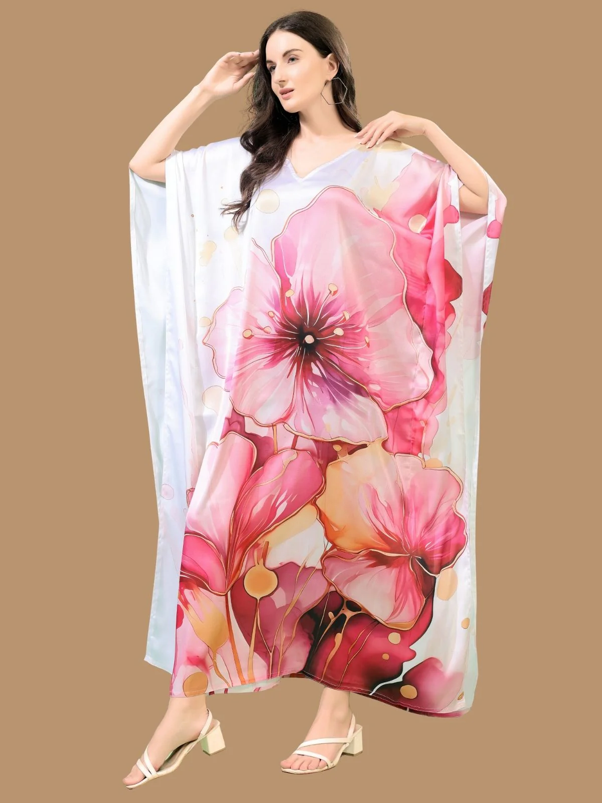 Odette Pink And White Satin Printed Kaftan For Women - Image 2