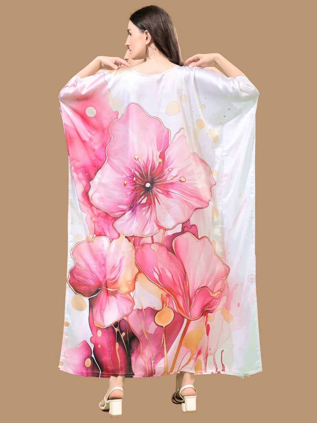 Odette Pink And White Satin Printed Kaftan For Women - Image 3