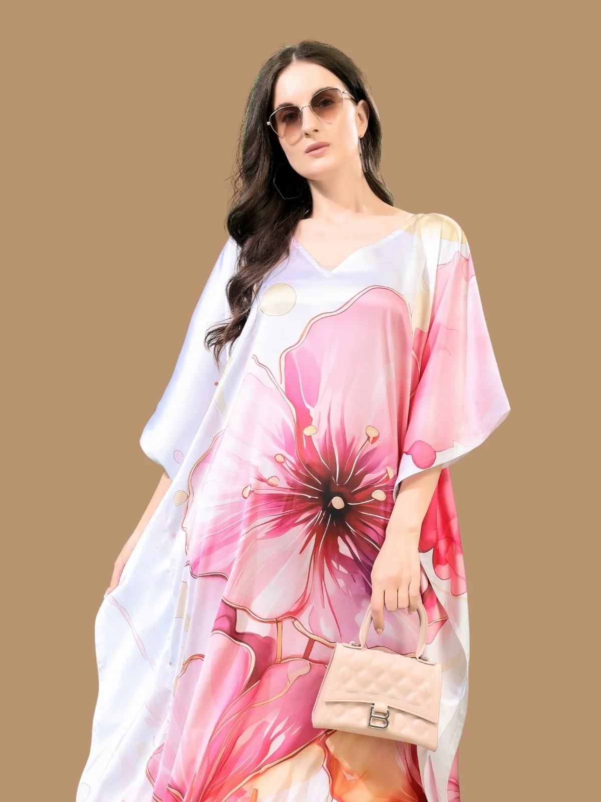 Odette Pink And White Satin Printed Kaftan For Women - Image 4