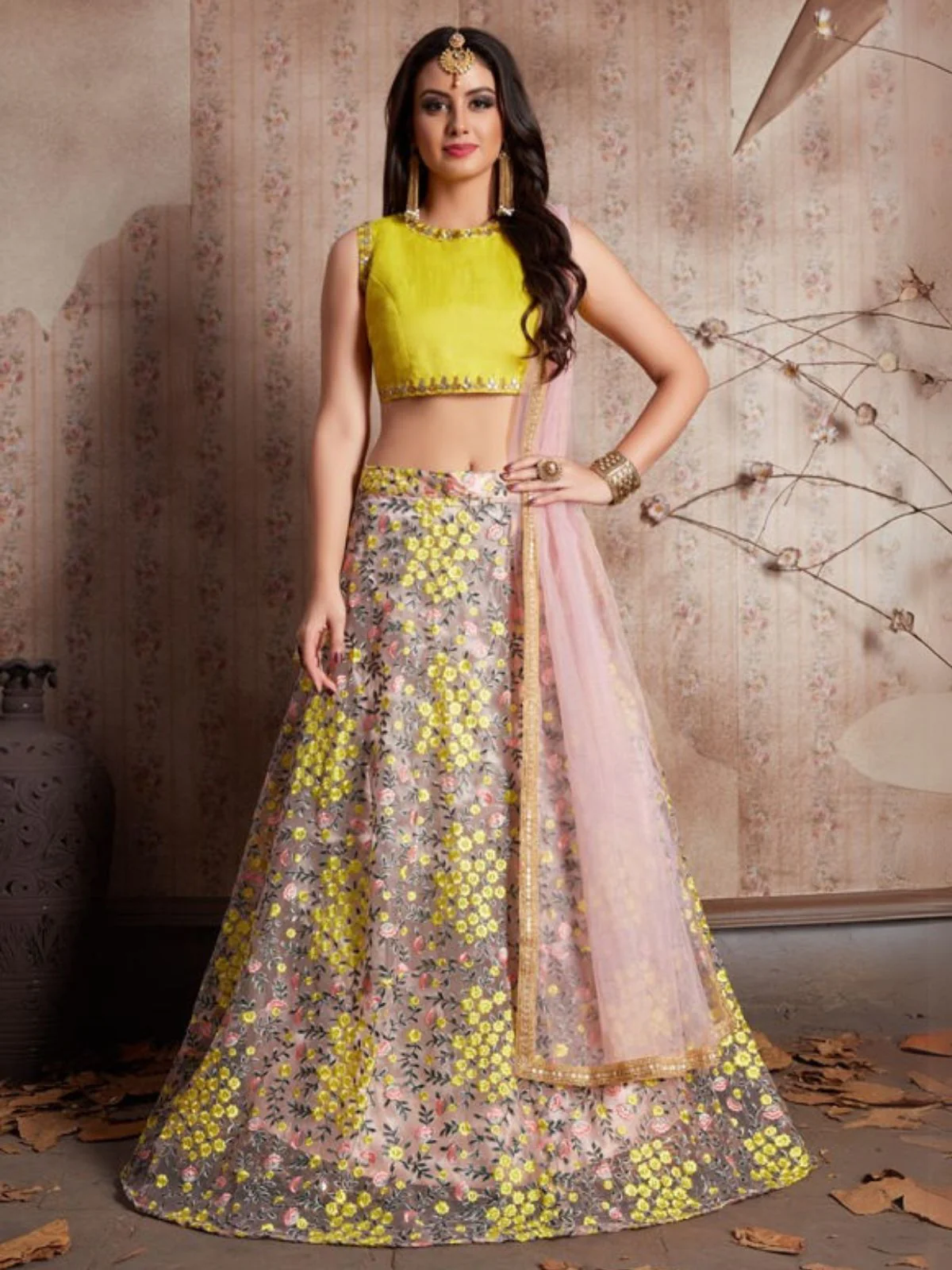 Odette Pink And Yellow Art Silk Embroidered Semi-Stitched Lehenga With Unstitched Blouse For Women - Image 2