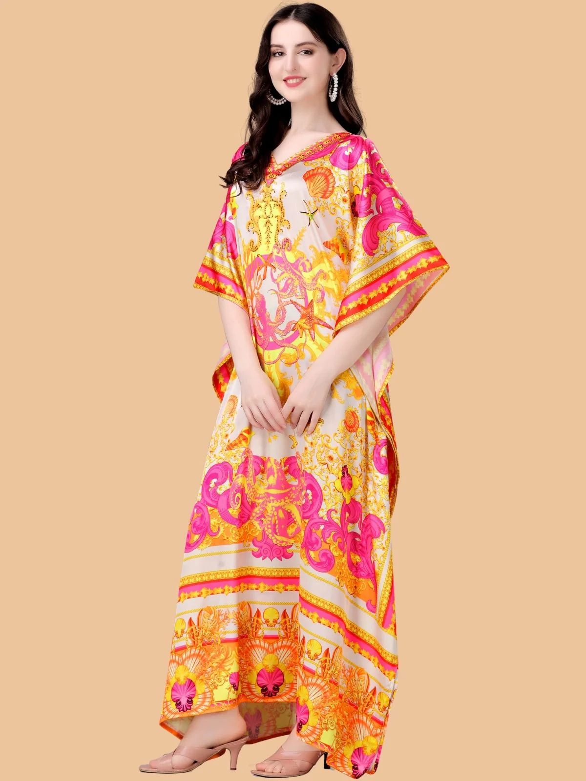 Odette Pink And Yellow Satin Printed Kaftan For Women - Image 2