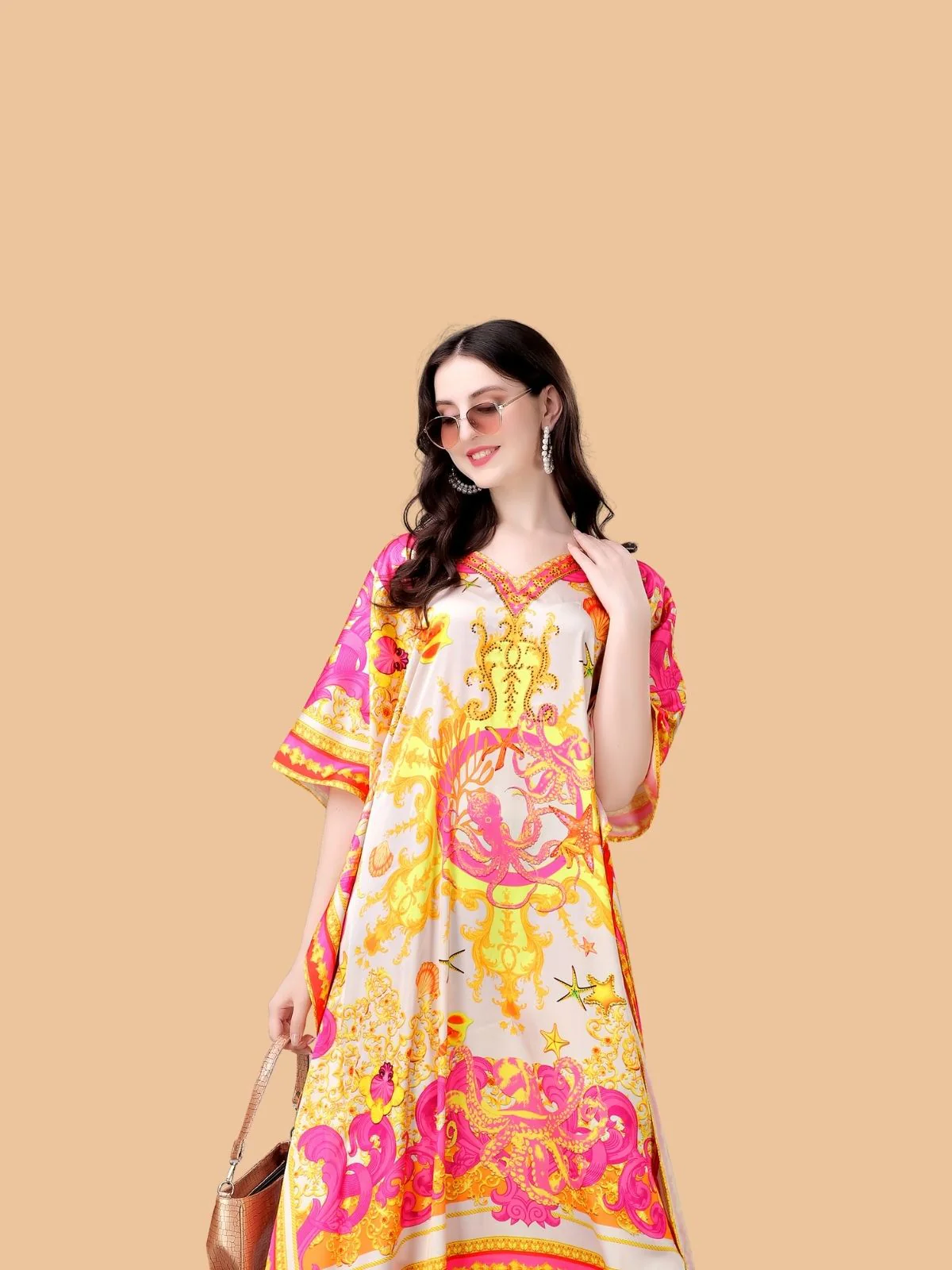Odette Pink And Yellow Satin Printed Kaftan For Women - Image 4