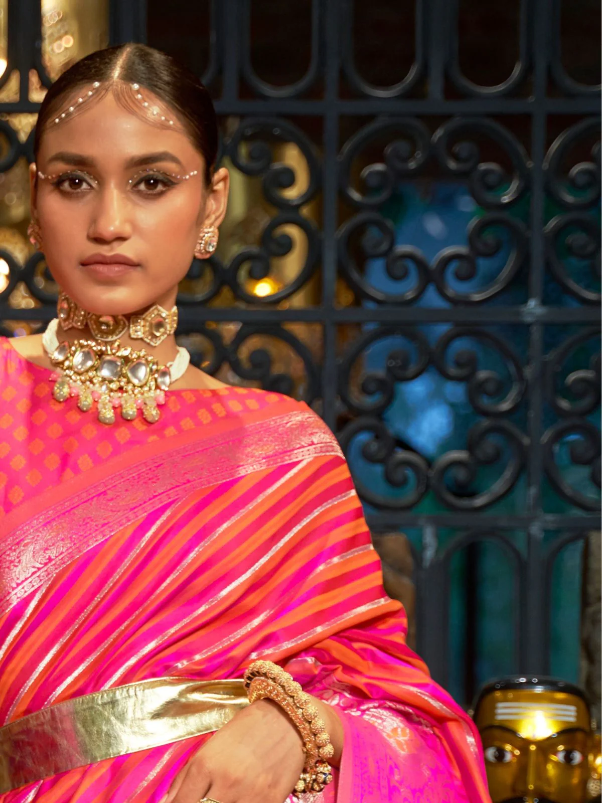 Odette Pink And Yellow Woven Design Silk Blend Saree With Unstitched Blouse For Women - Image 3