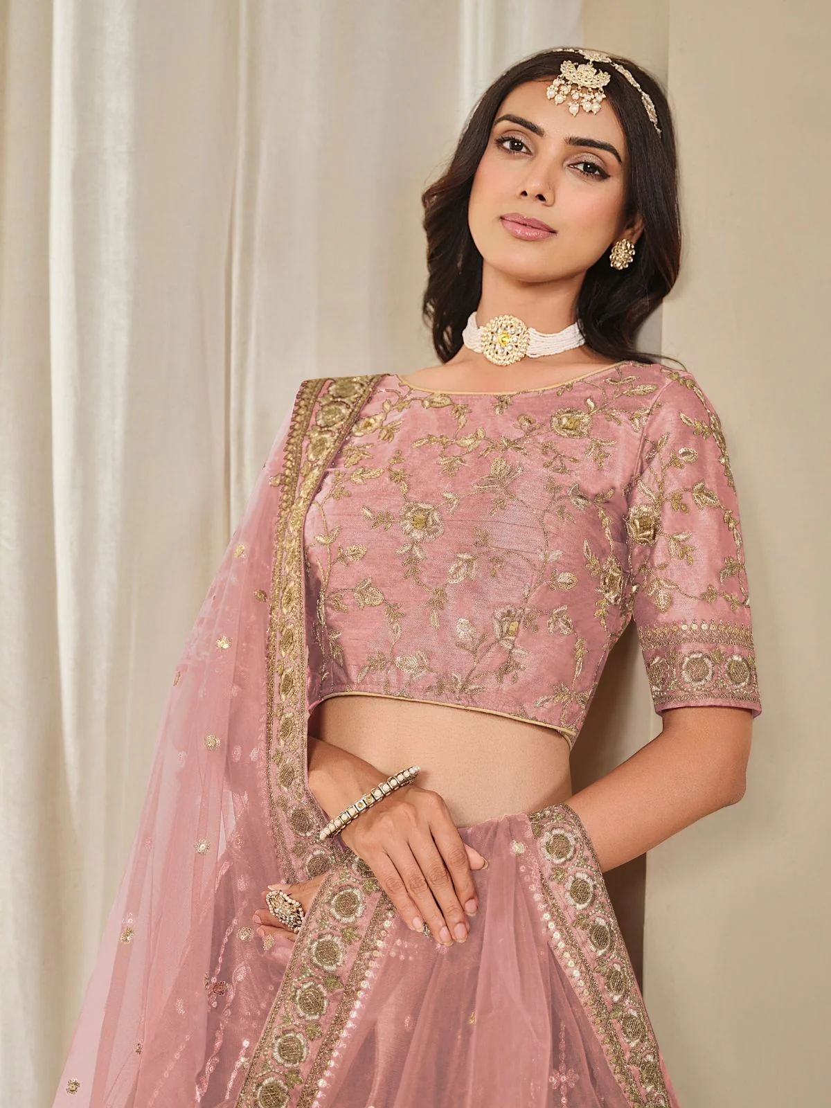 Odette Pink Art Silk Embroidered Semi-Stitched lehenga For Women - Image 4
