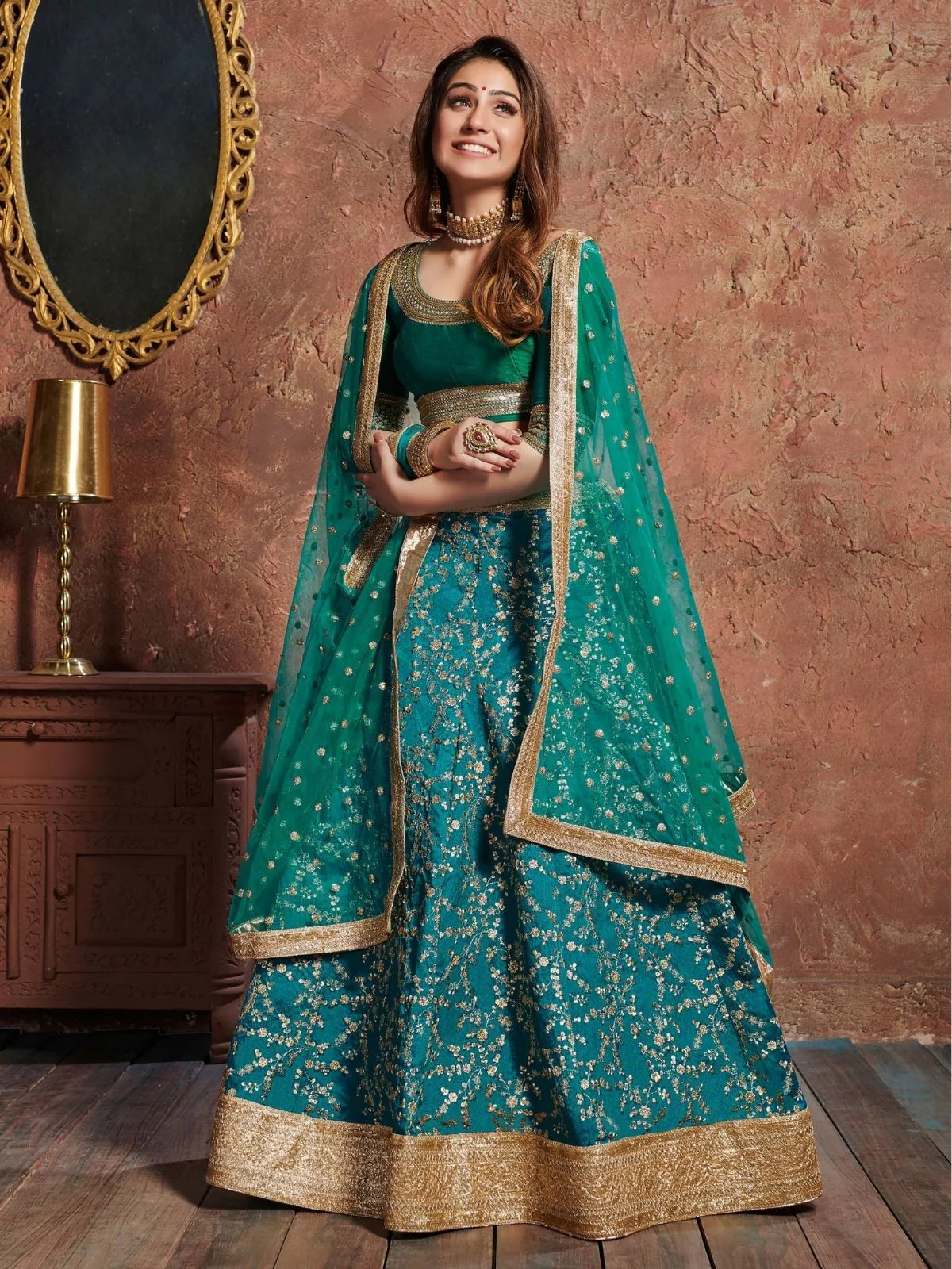 Odette Blue Art Silk Embroidered Semi Stitched Lehenga With Blouse For Women - Image 2
