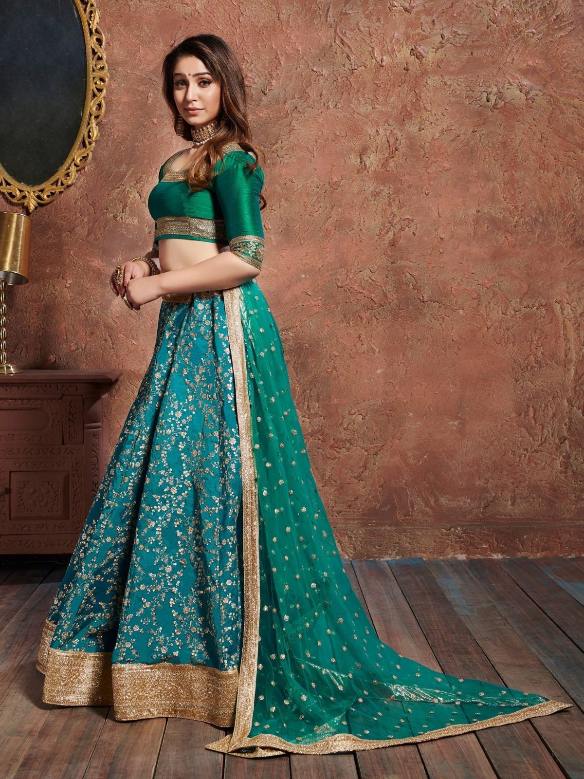 Odette Blue Art Silk Embroidered Semi Stitched Lehenga With Blouse For Women - Image 3