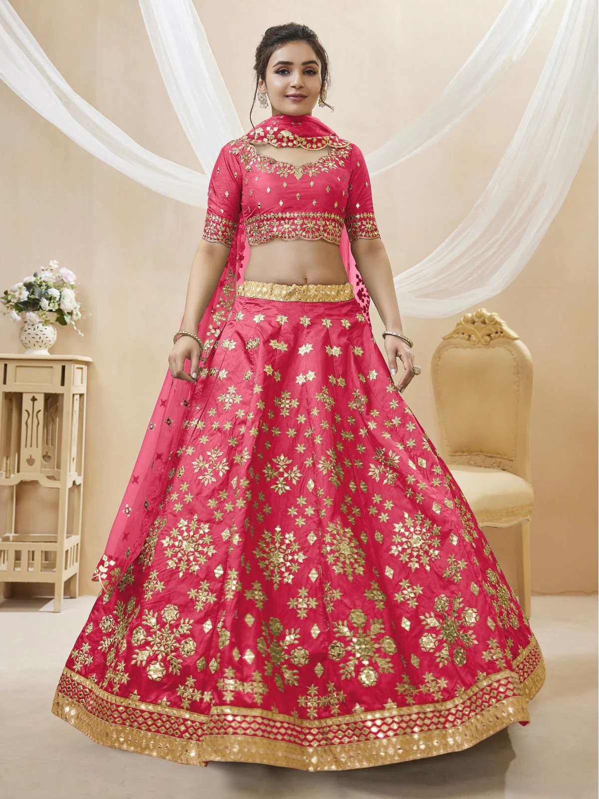 Odette Pink Art Silk Embroidered Semi Stitched Lehenga With Unstitched Blouse For Women - Image 2
