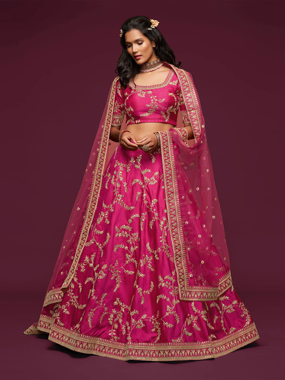Odette Pink Art Silk Embroidered Semi Stitched Lehenga With Unstitched Blouse For Women - Image 2