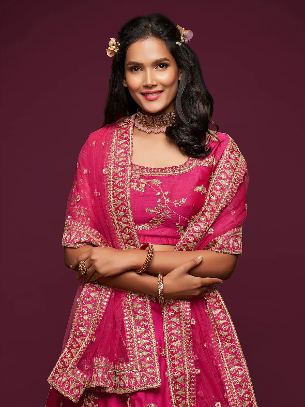 Odette Pink Art Silk Embroidered Semi Stitched Lehenga With Unstitched Blouse For Women - Image 5