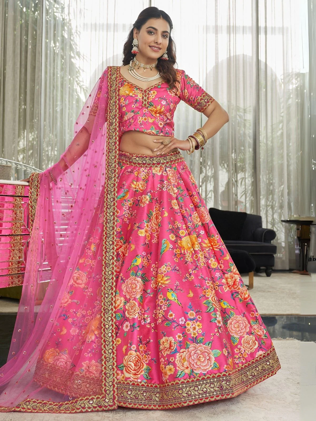 Odette Pink Art Silk Printed Semi Stitched Lehenga With Unstitched Blouse For Women - Image 2