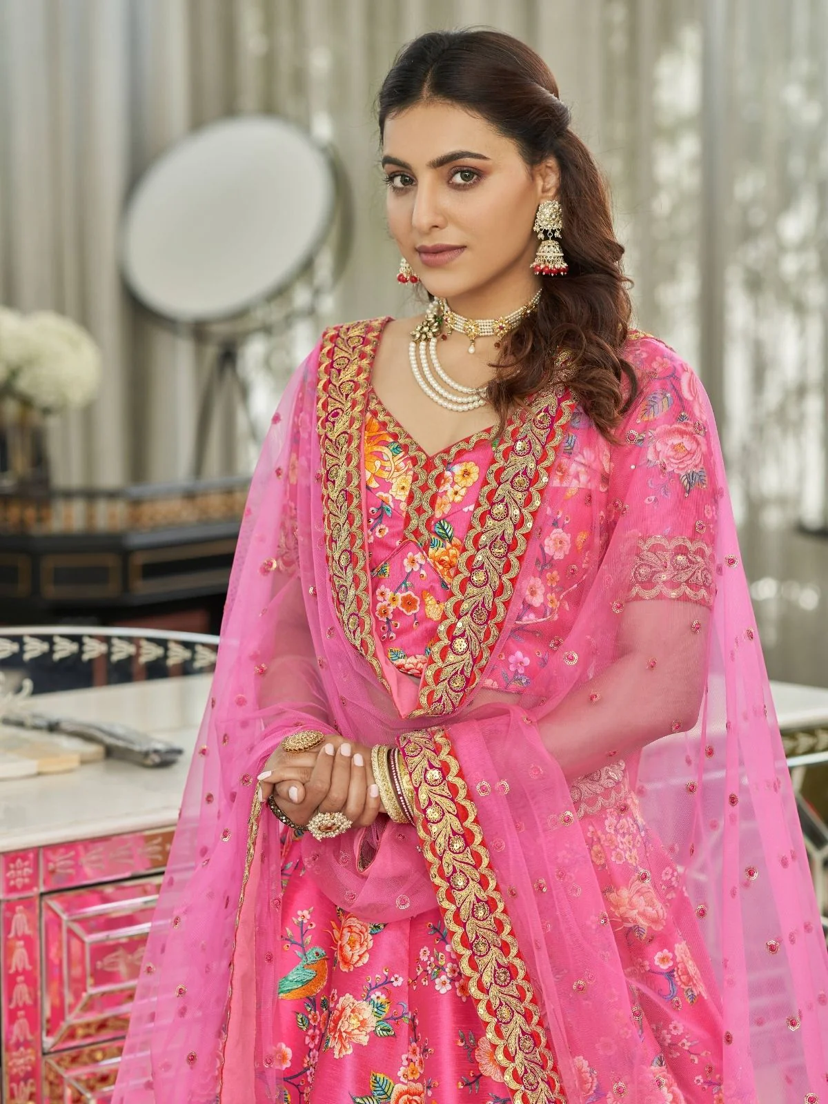 Odette Pink Art Silk Printed Semi Stitched Lehenga With Unstitched Blouse For Women - Image 4