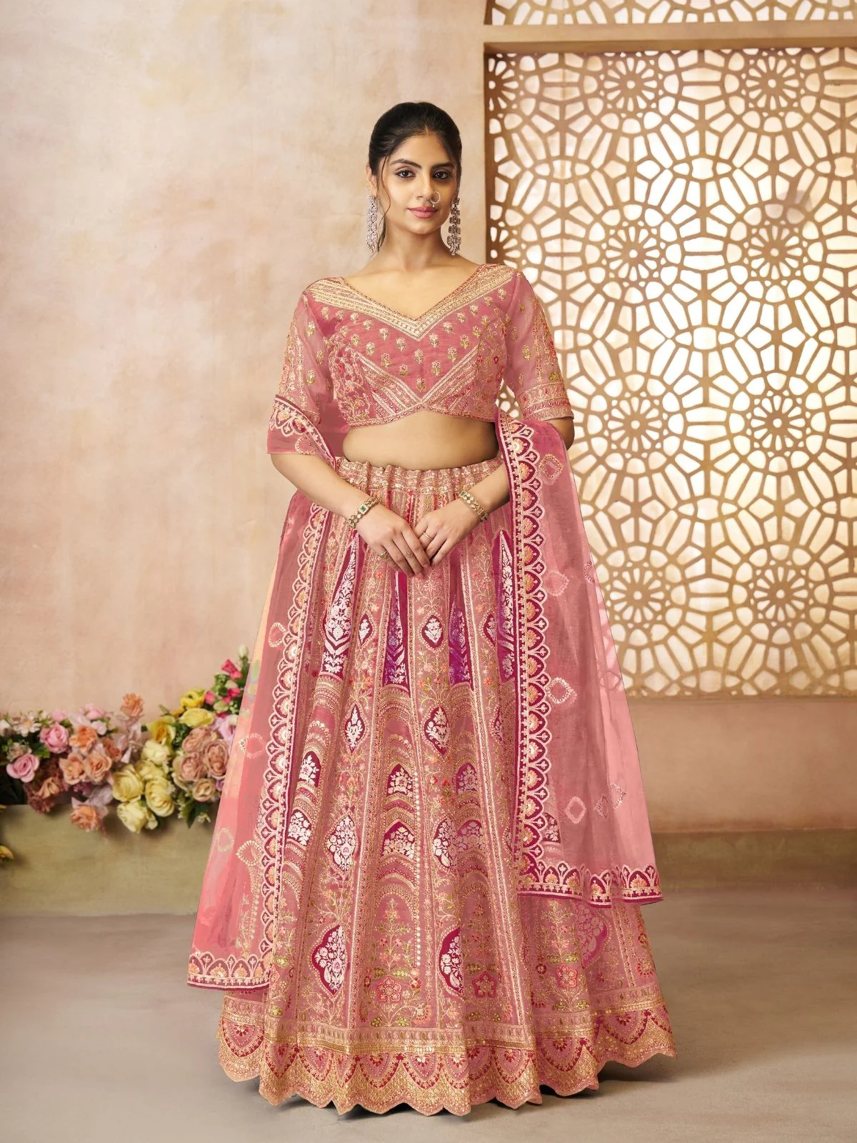 Odette Pink Banarasi Silk Embroidered Semi-Stitched Lehenga For Women - Image 2