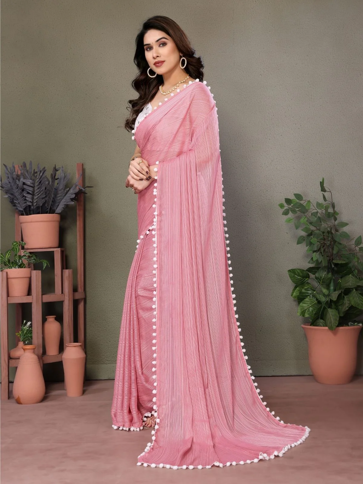 Odette Pink Banglori Lace Work Saree With Unstitched Blouse For Women - Image 2
