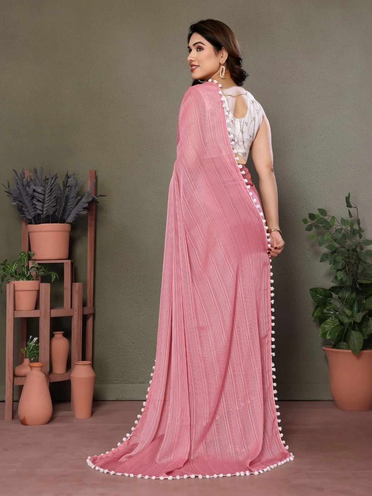 Odette Pink Banglori Lace Work Saree With Unstitched Blouse For Women - Image 4