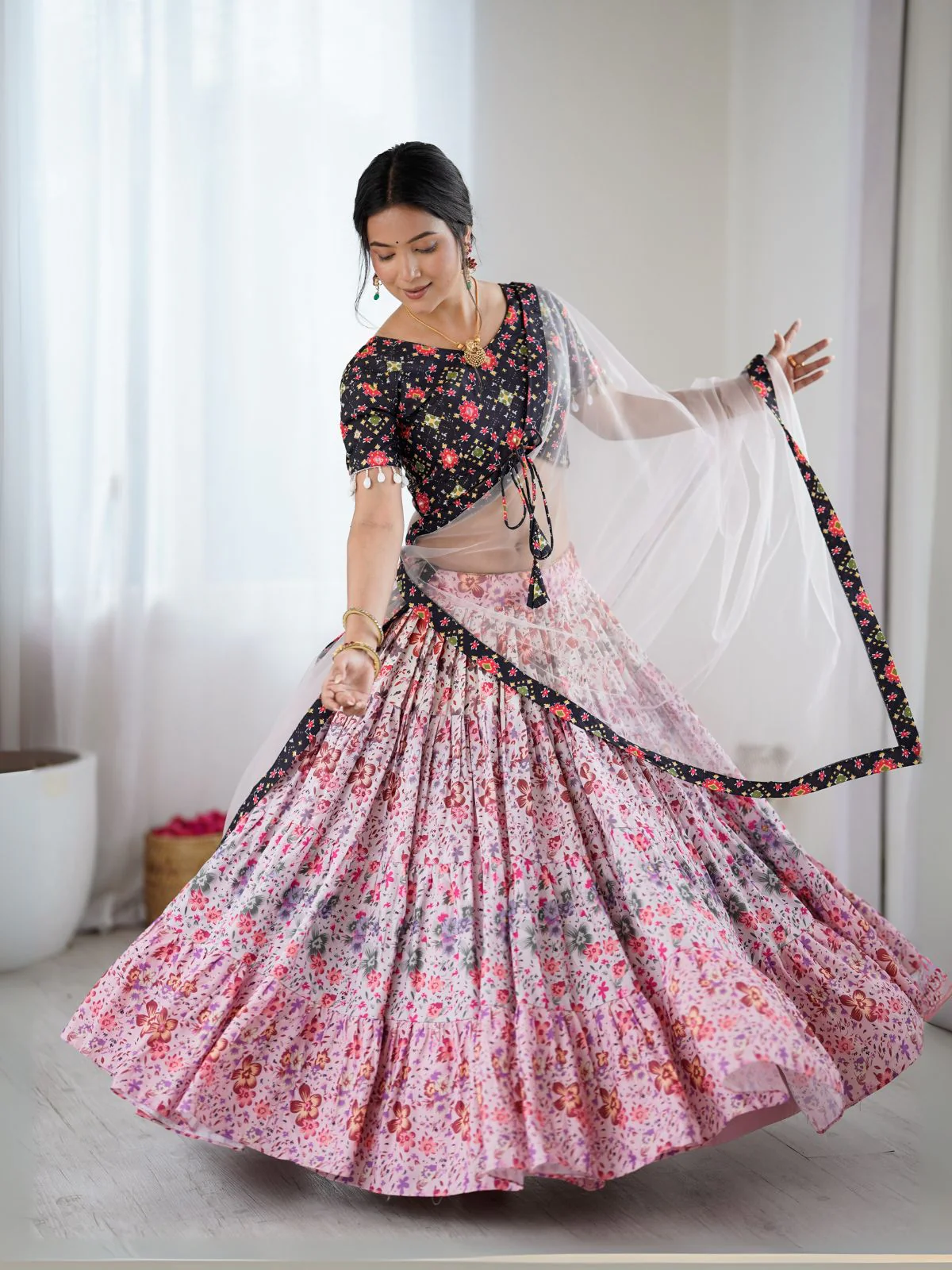 Odette Pink & Black Viscose Rayon Printed Lehenga For Women - Image 2