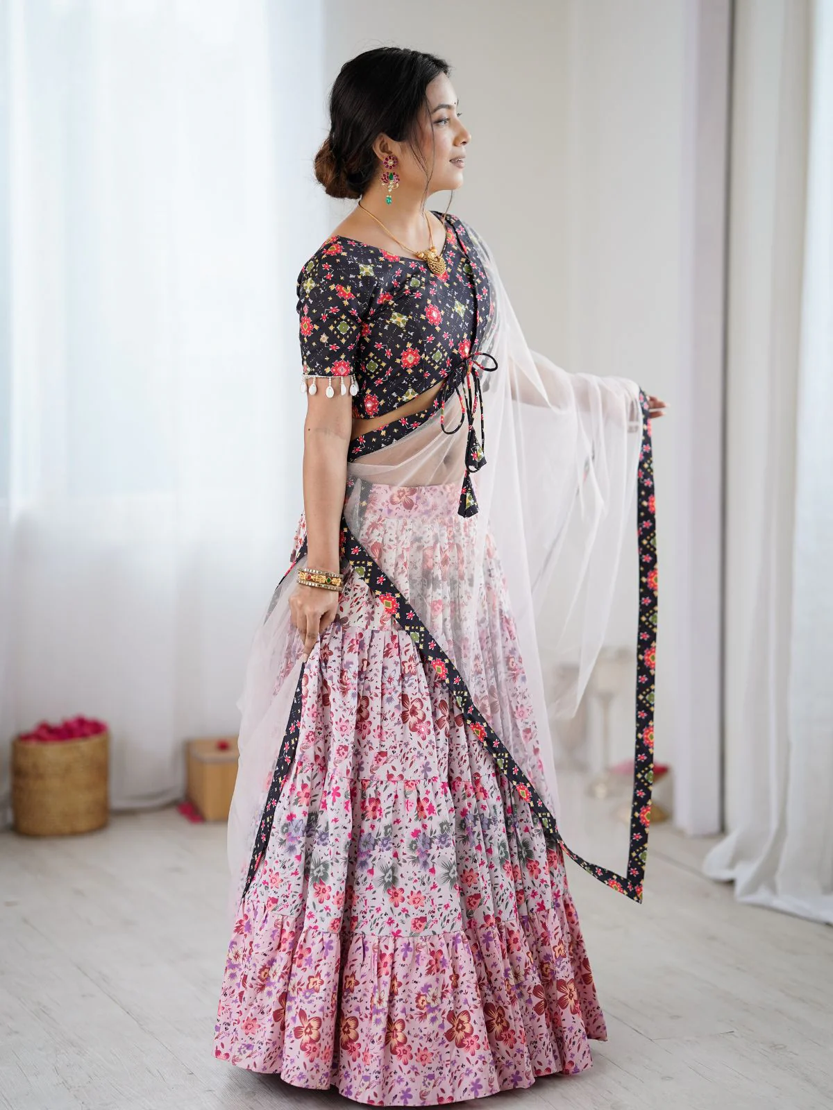 Odette Pink & Black Viscose Rayon Printed Lehenga For Women - Image 3
