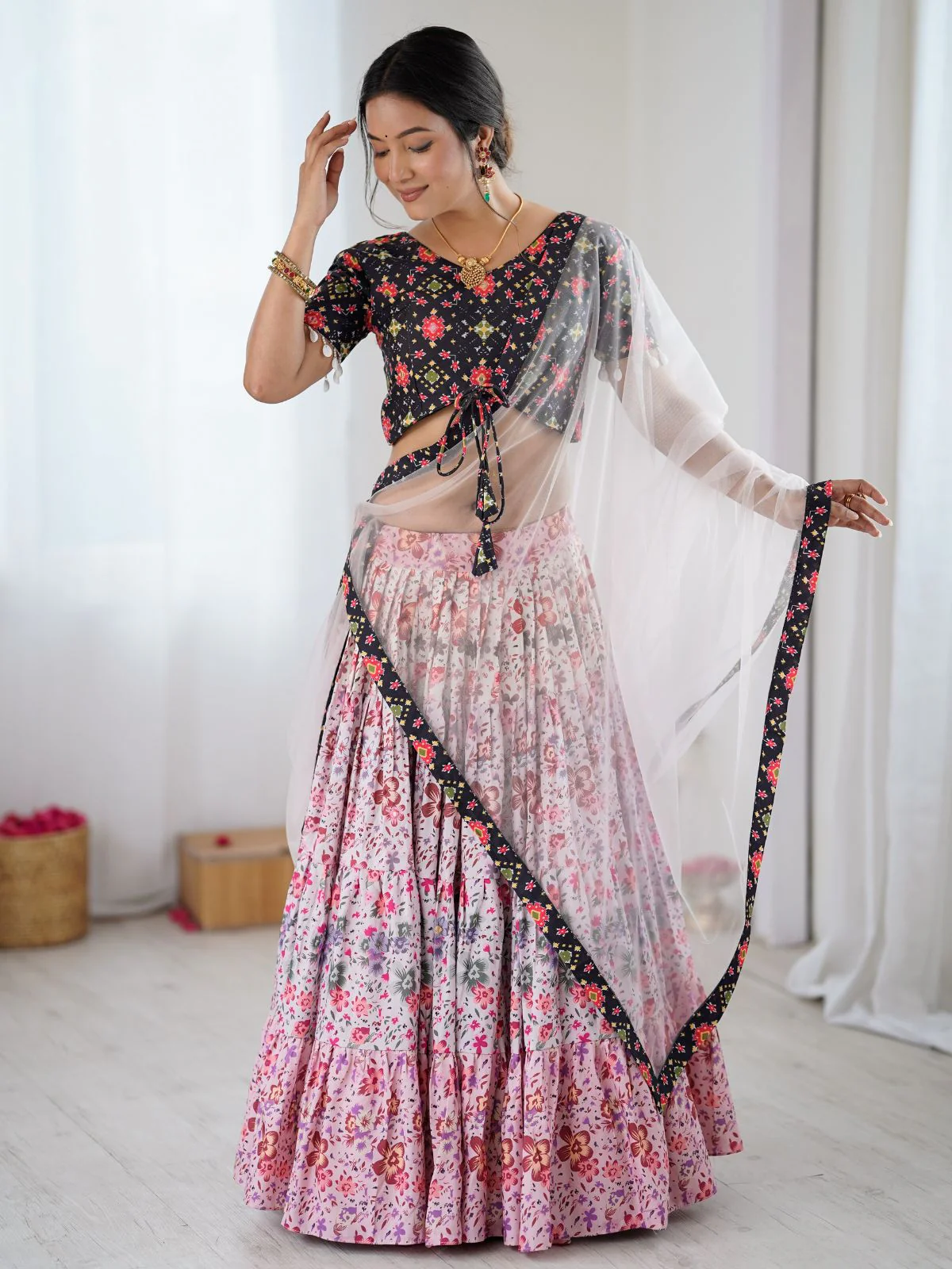 Odette Pink & Black Viscose Rayon Printed Lehenga For Women - Image 5