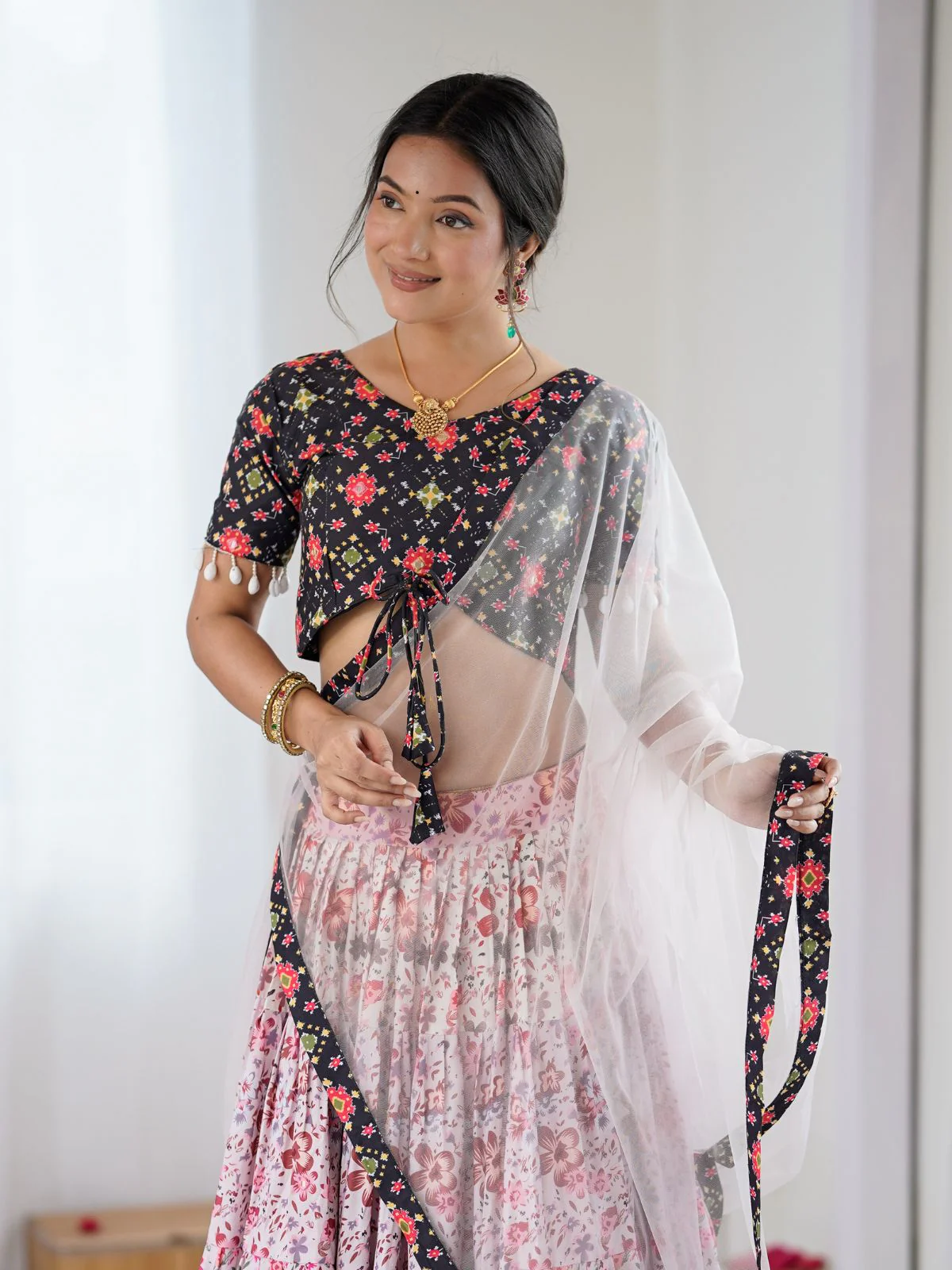 Odette Pink & Black Viscose Rayon Printed Lehenga For Women - Image 7