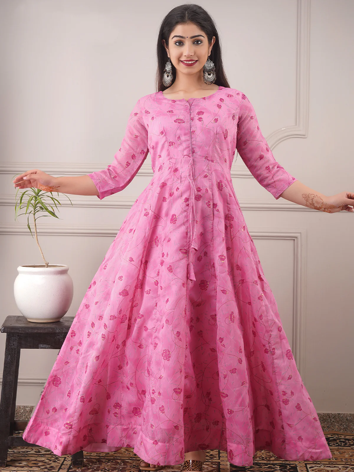 Odette Pink Chanderi Printed Stitched Gown for Women - Image 2