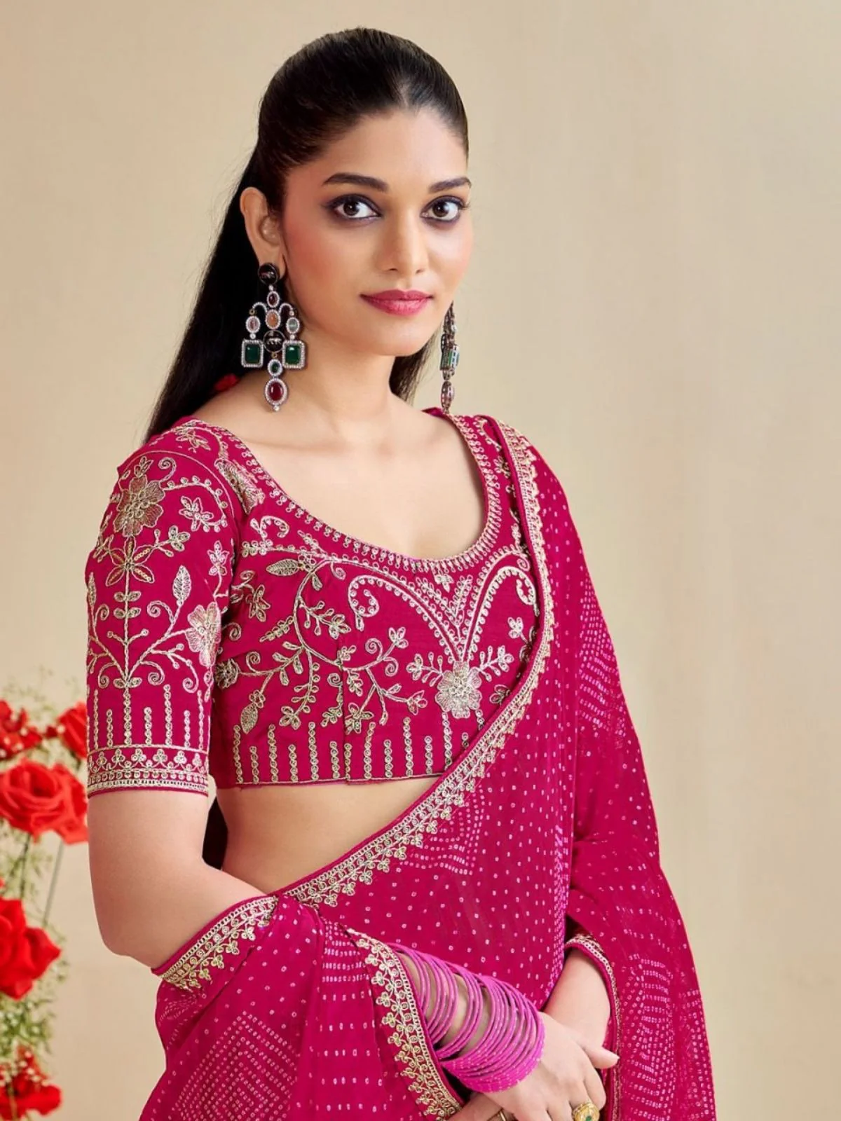 Odette Pink Chiffon Embellished Saree For Women - Image 3