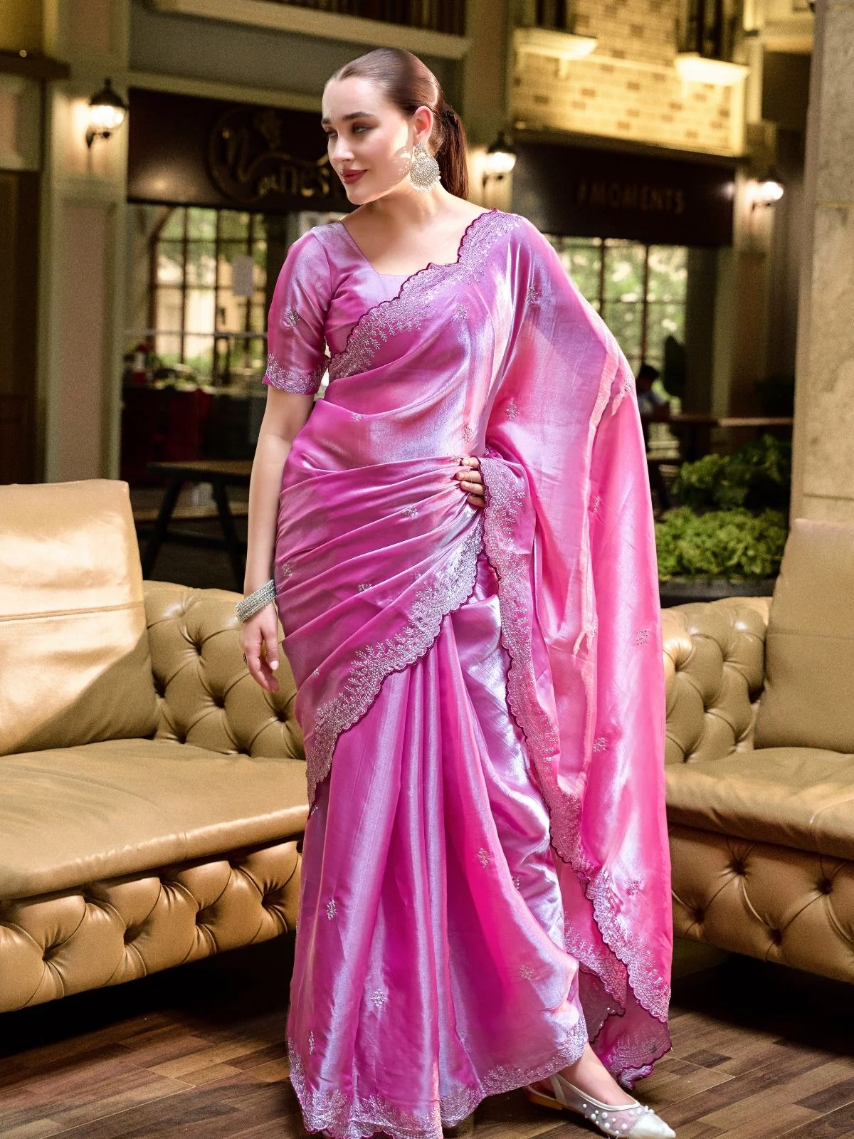 Odette Pink Chiffon Embellished Saree For Women
