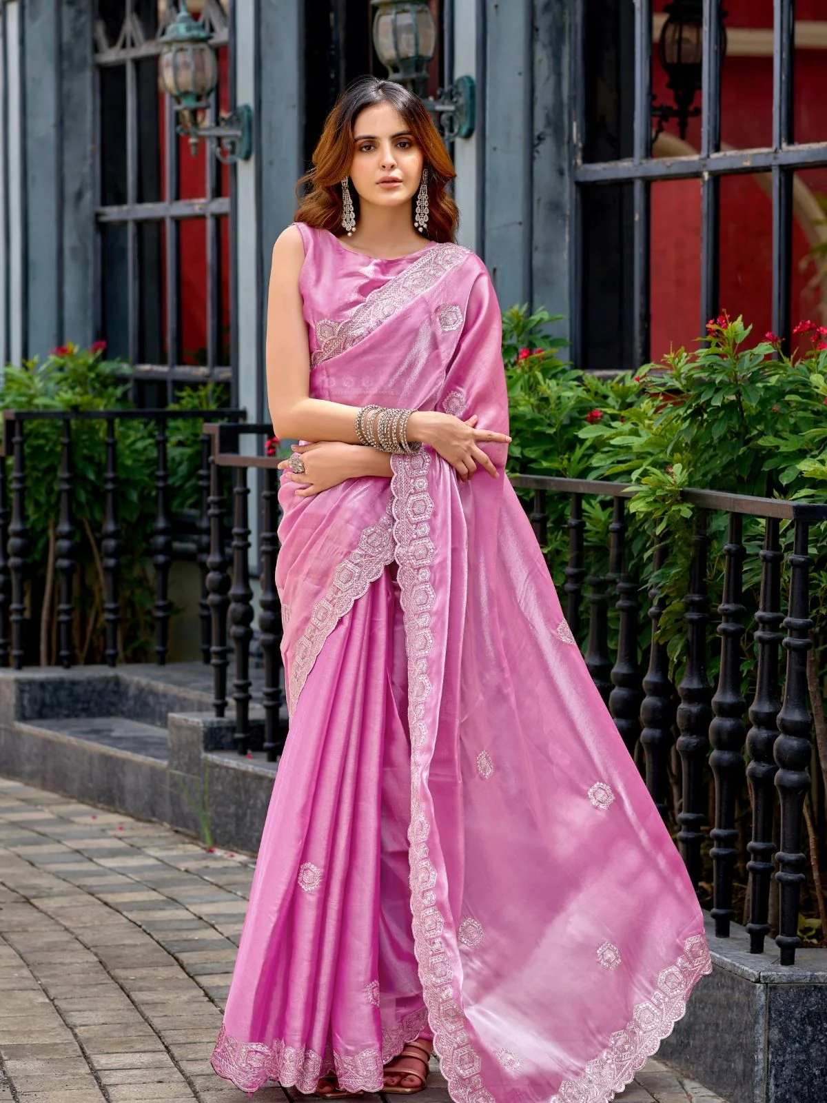 Odette Pink Chiffon Embellished Saree For Women