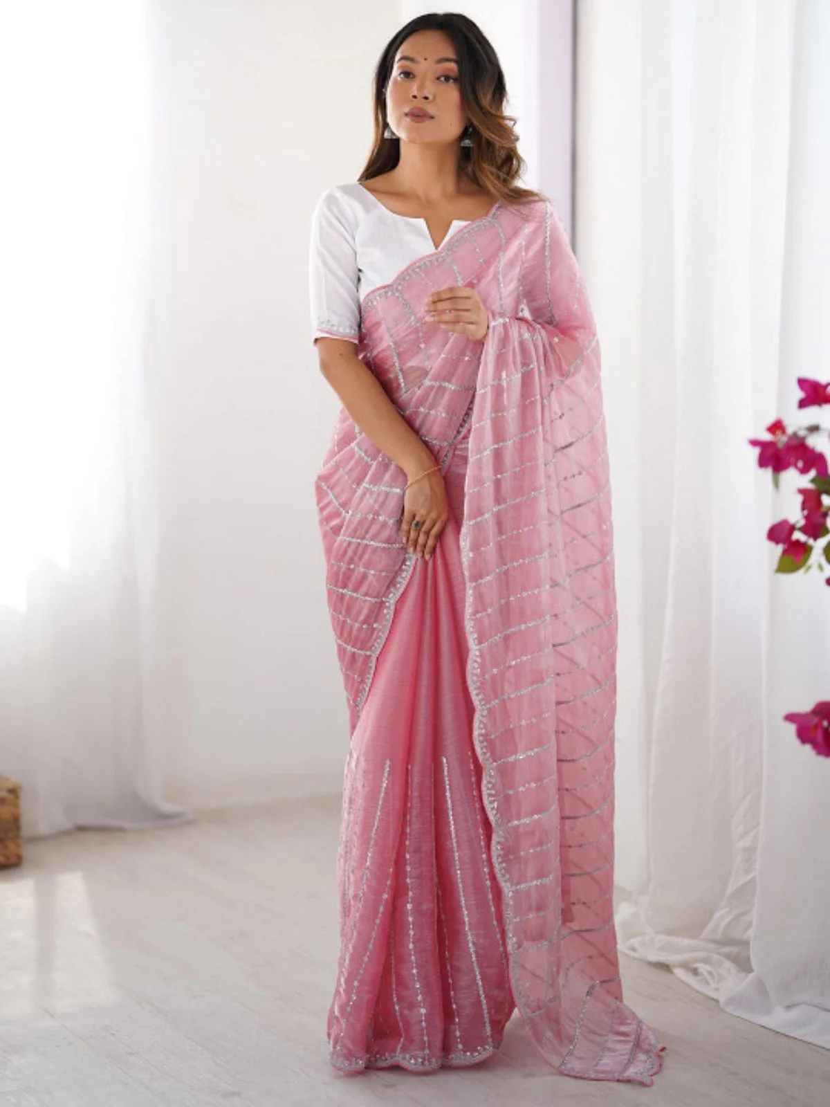 Odette Pink Chiffon Embellished Solid Saree For Women