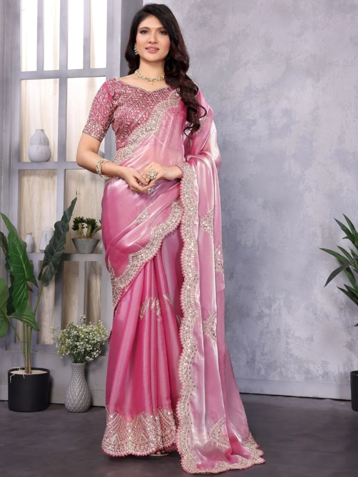 Odette Pink Chiffon Embroidered Saree For Women