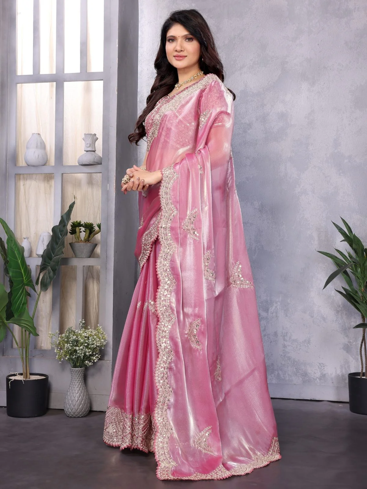 Odette Pink Chiffon Embroidered Saree For Women - Image 2