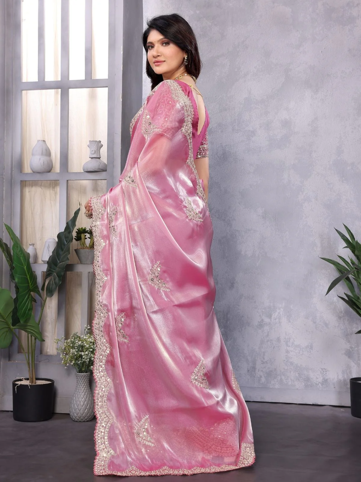 Odette Pink Chiffon Embroidered Saree For Women - Image 3