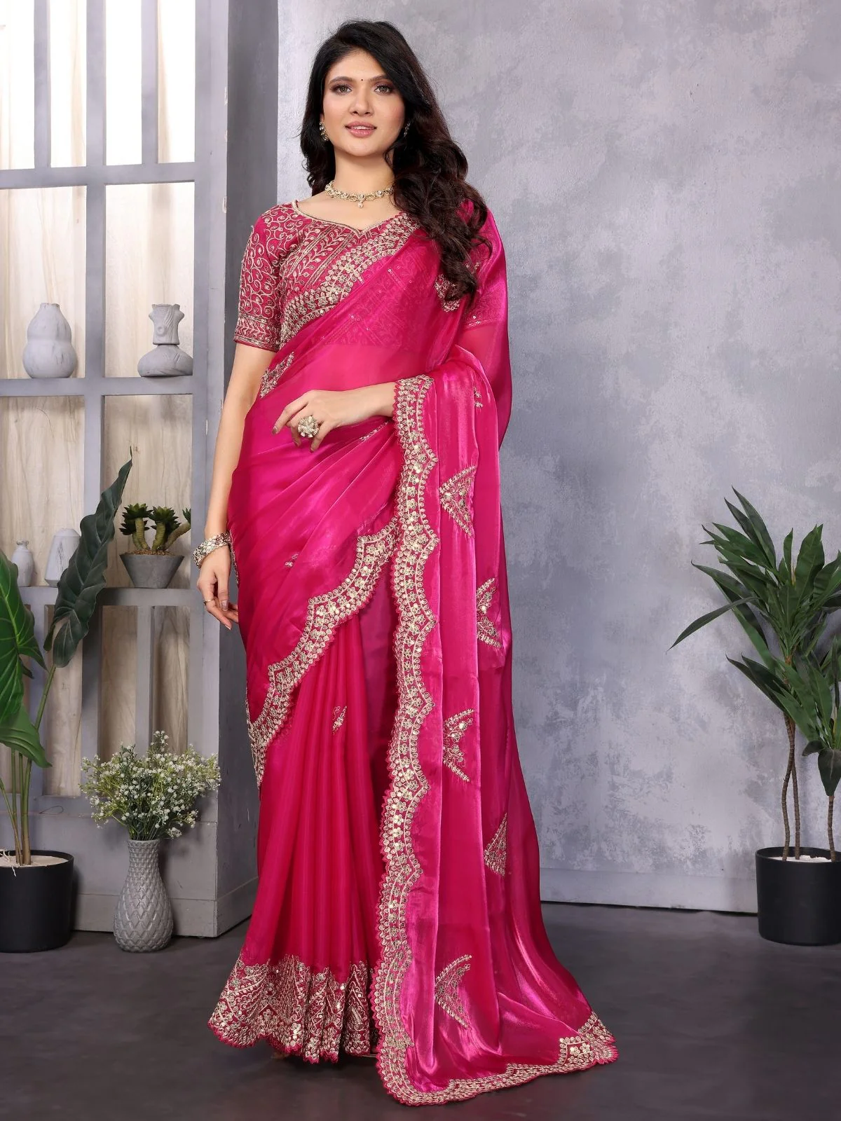 Odette Pink Chiffon Embroidered Saree For Women