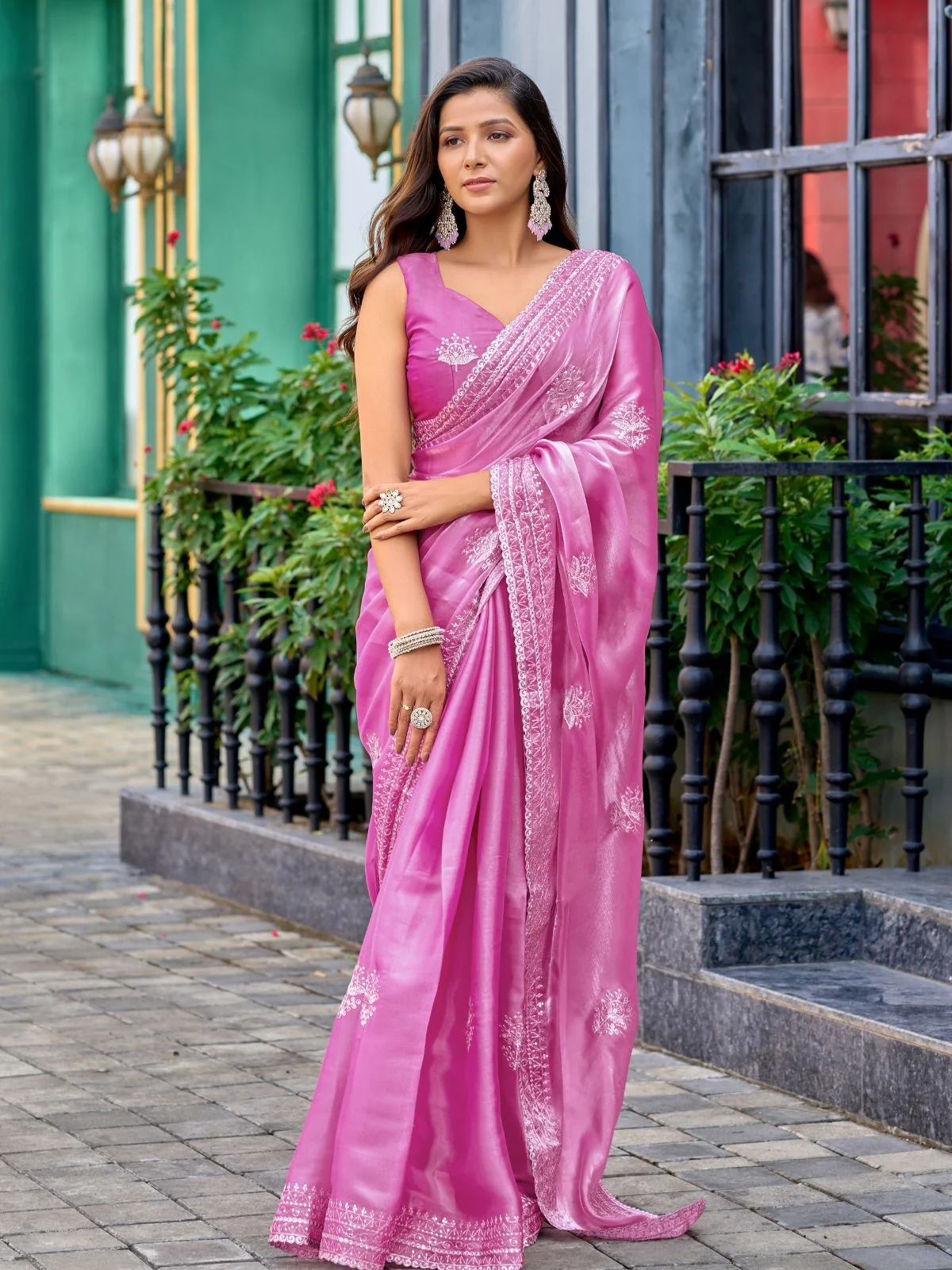 Odette Pink Chiffon Embroidered Saree For Women