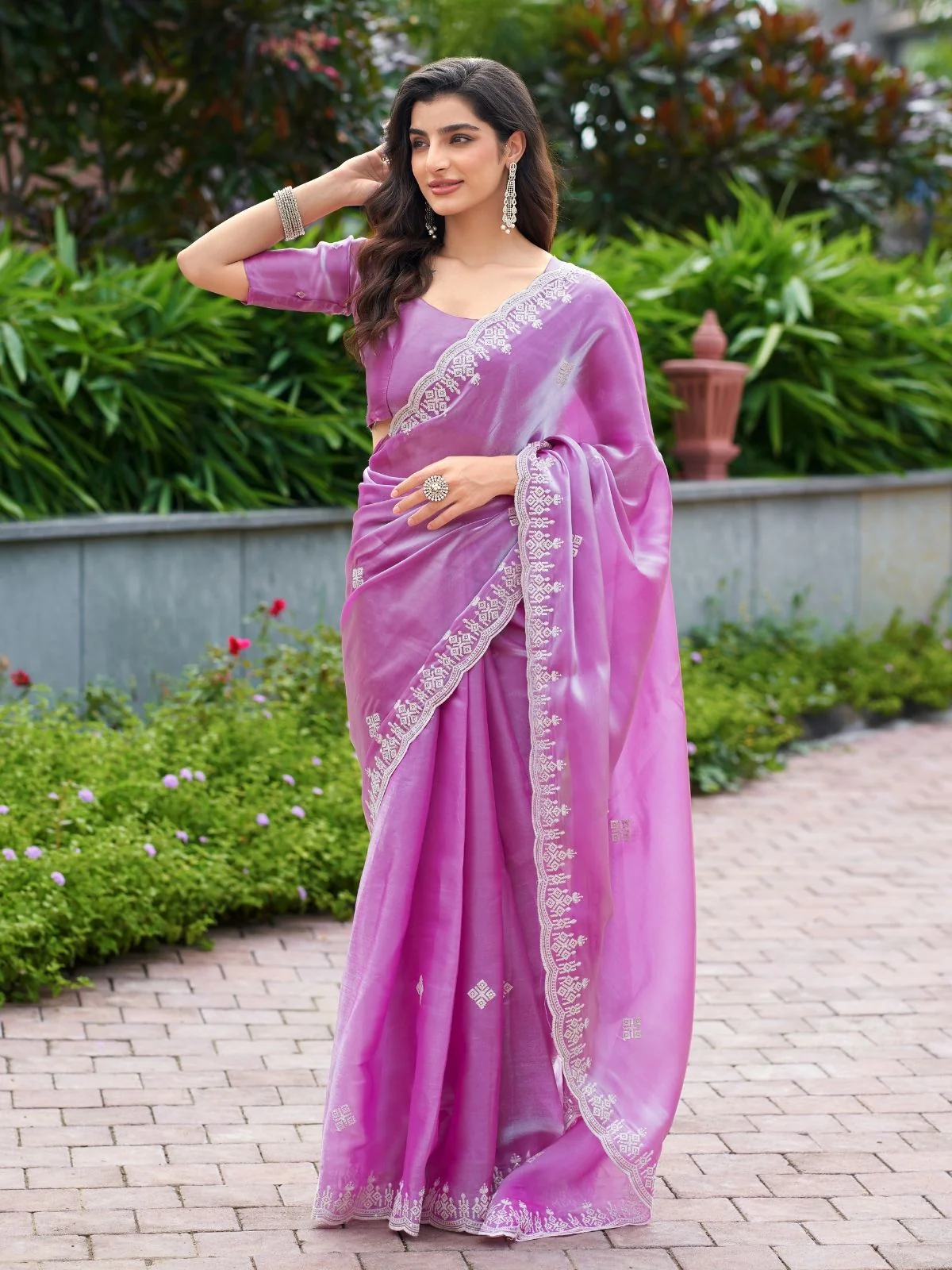 Odette Pink Chiffon Embroidered Saree For Women