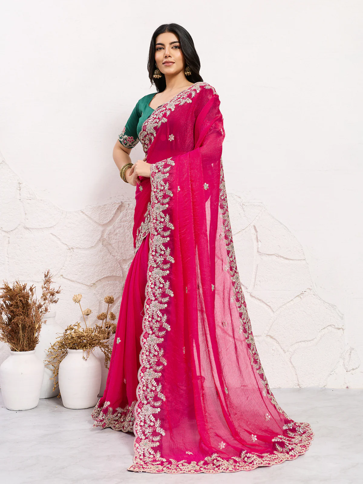 Odette Pink Chiffon Embroidered Saree For Women - Image 2