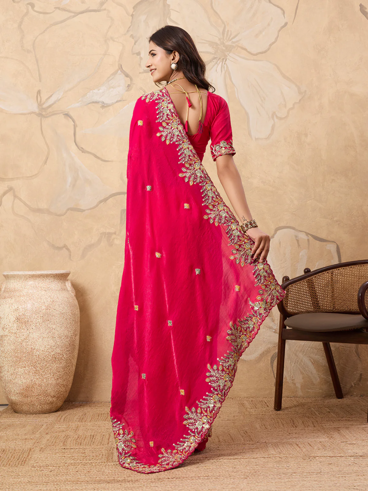Odette Pink Chiffon Embroidered Saree For Women - Image 3