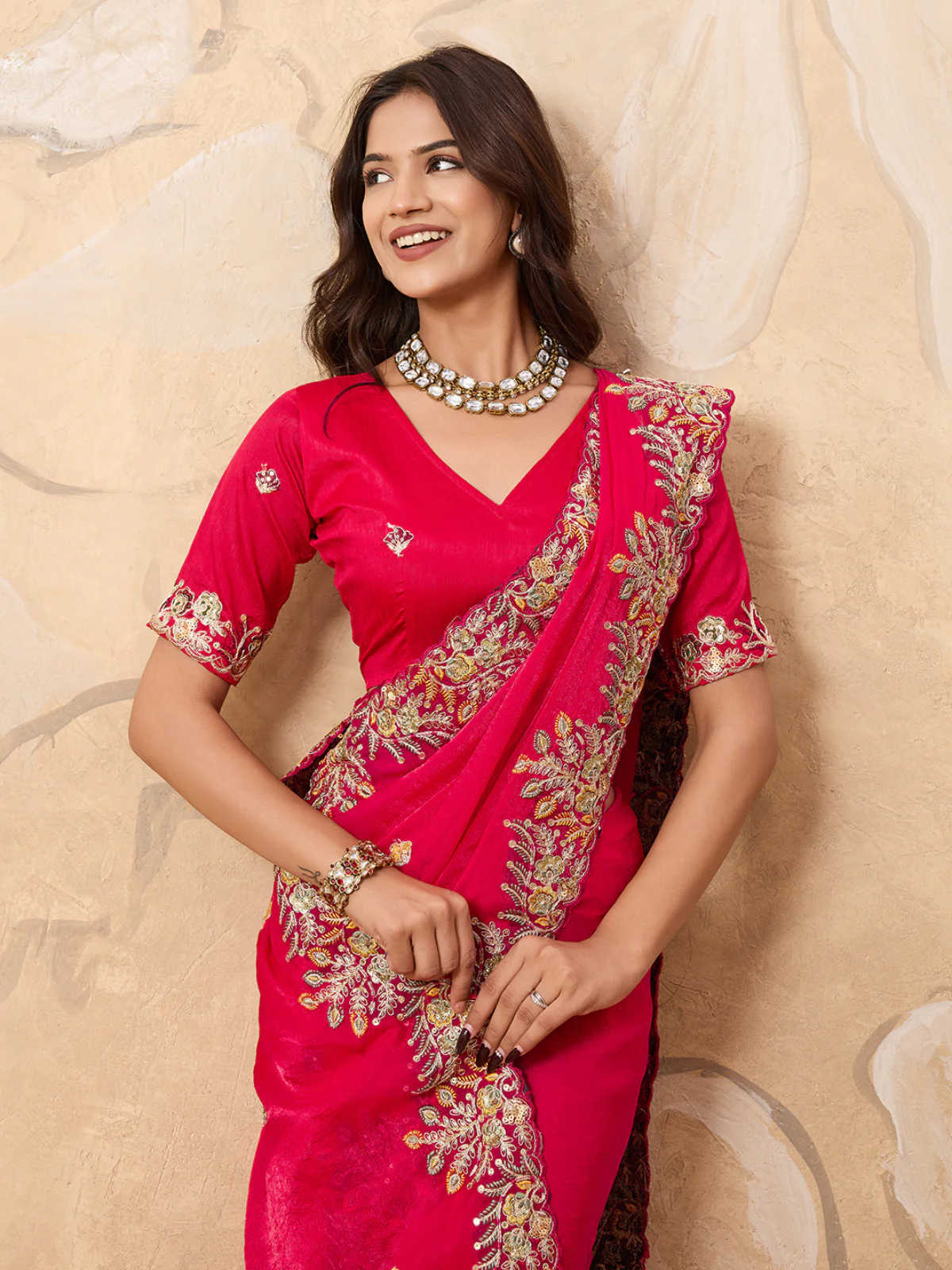 Odette Pink Chiffon Embroidered Saree For Women - Image 4