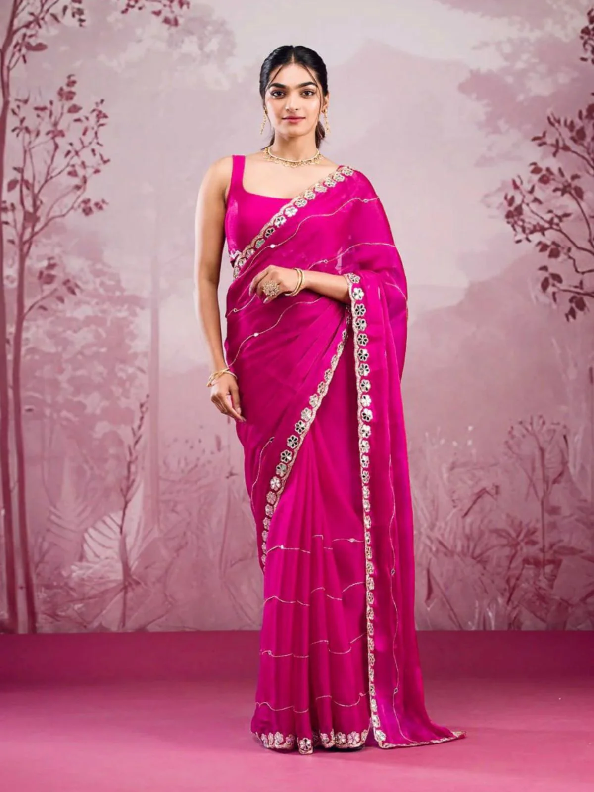 Odette Pink Chiffon Embroidered Saree For Women