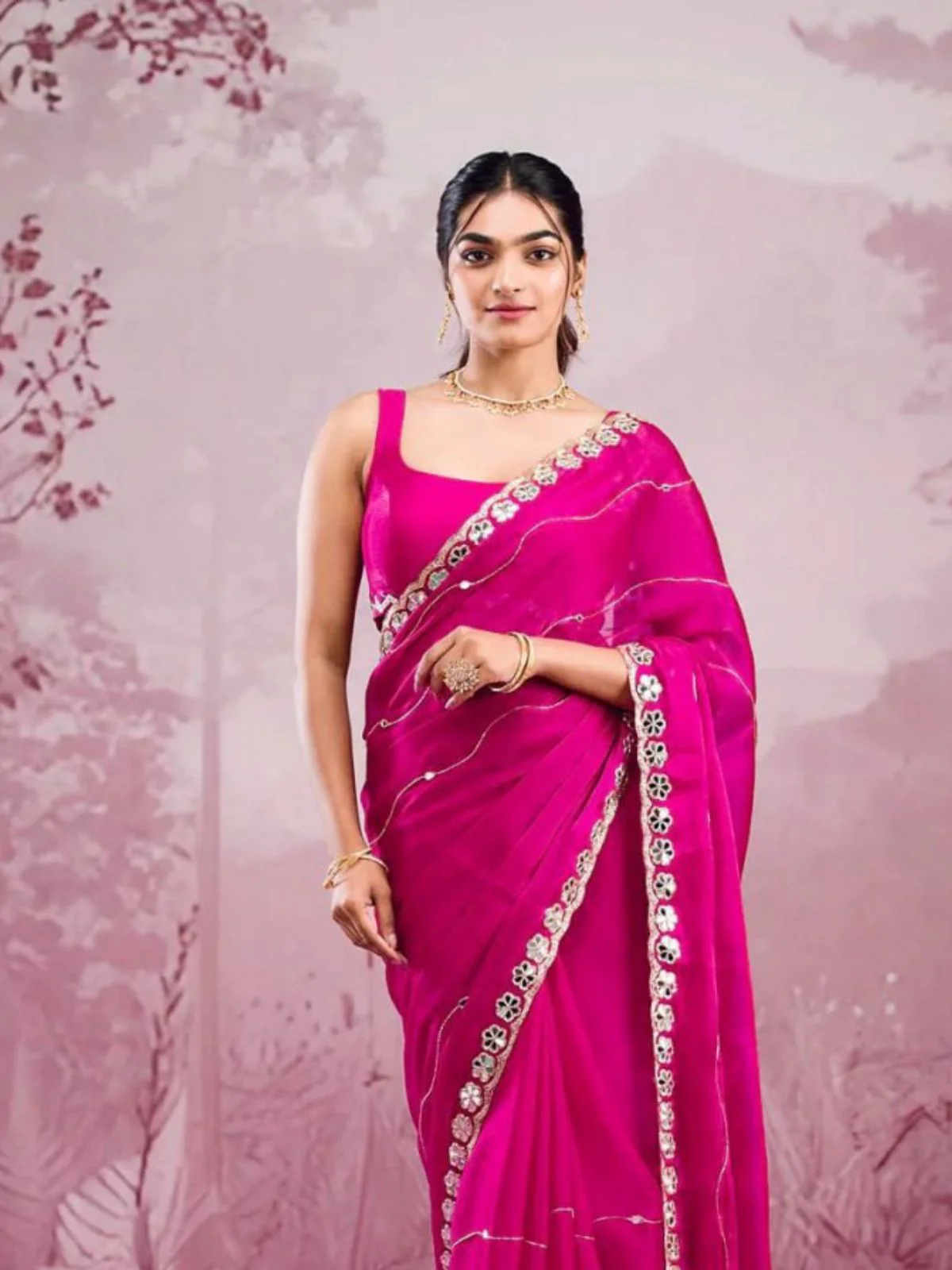 Odette Pink Chiffon Embroidered Saree For Women - Image 2