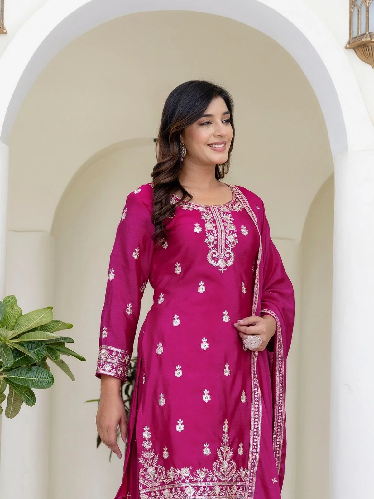 Odette Pink Chiffon Embroidered Stitched Kurta Set For Women - Image 3