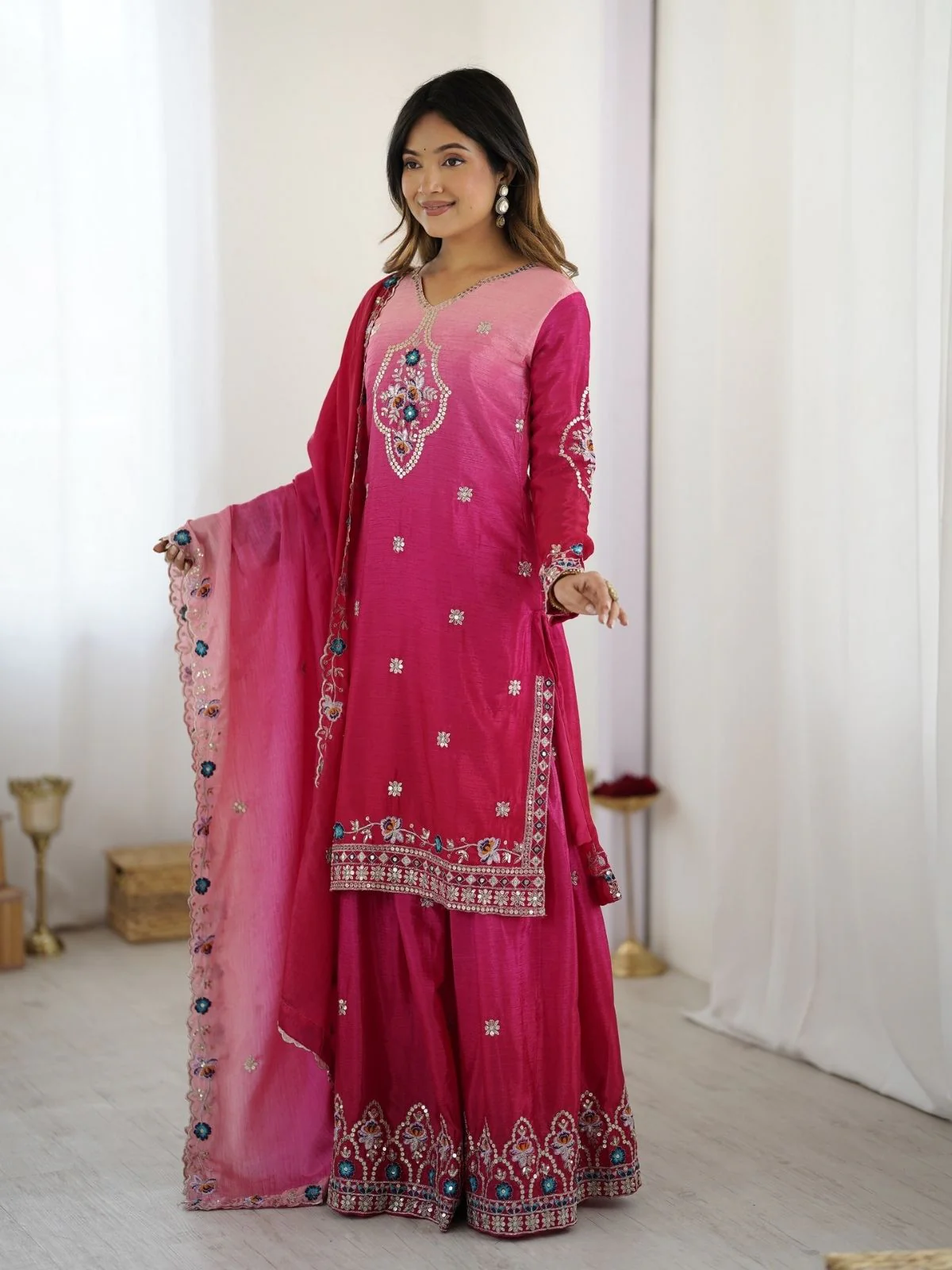 Odette Pink Chiffon Embroidered Stitched Kurta Set For Women - Image 3