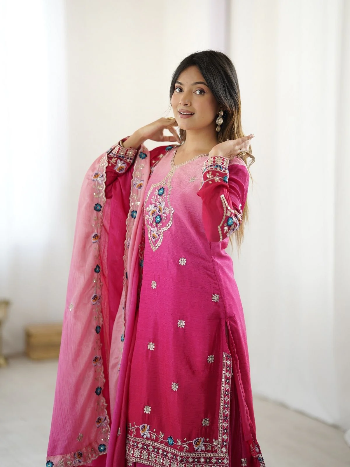 Odette Pink Chiffon Embroidered Stitched Kurta Set For Women - Image 4