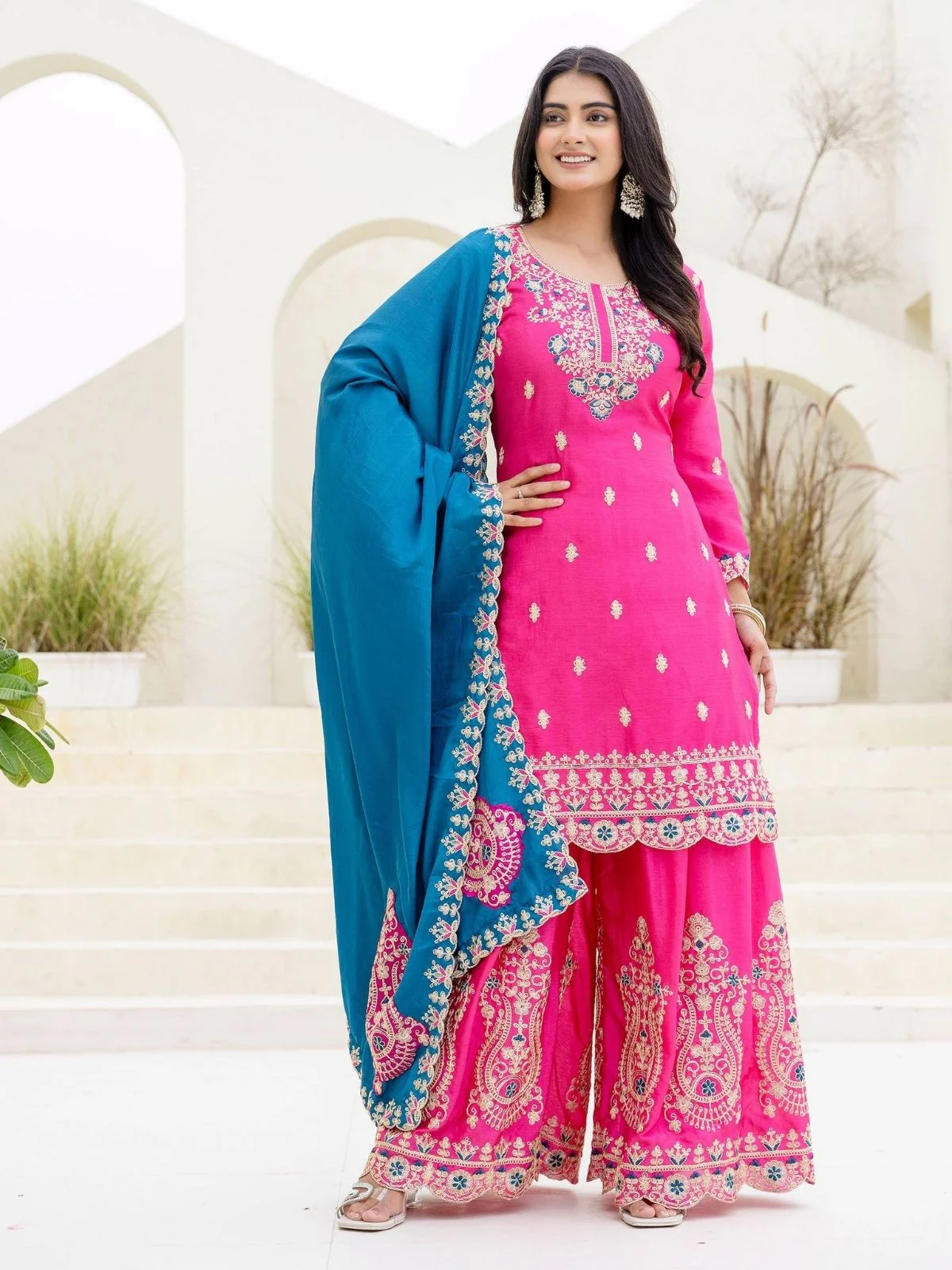 Odette Pink Chiffon Embroidered Stitched Kurta Set For Women - Image 2