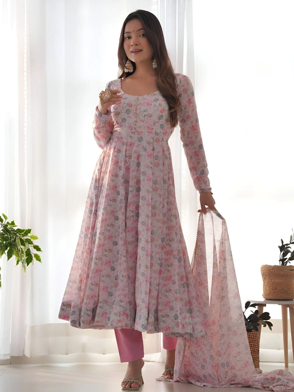 Odette Pink Chiffon Floral Digital Print Stitched Kurta Set For Women