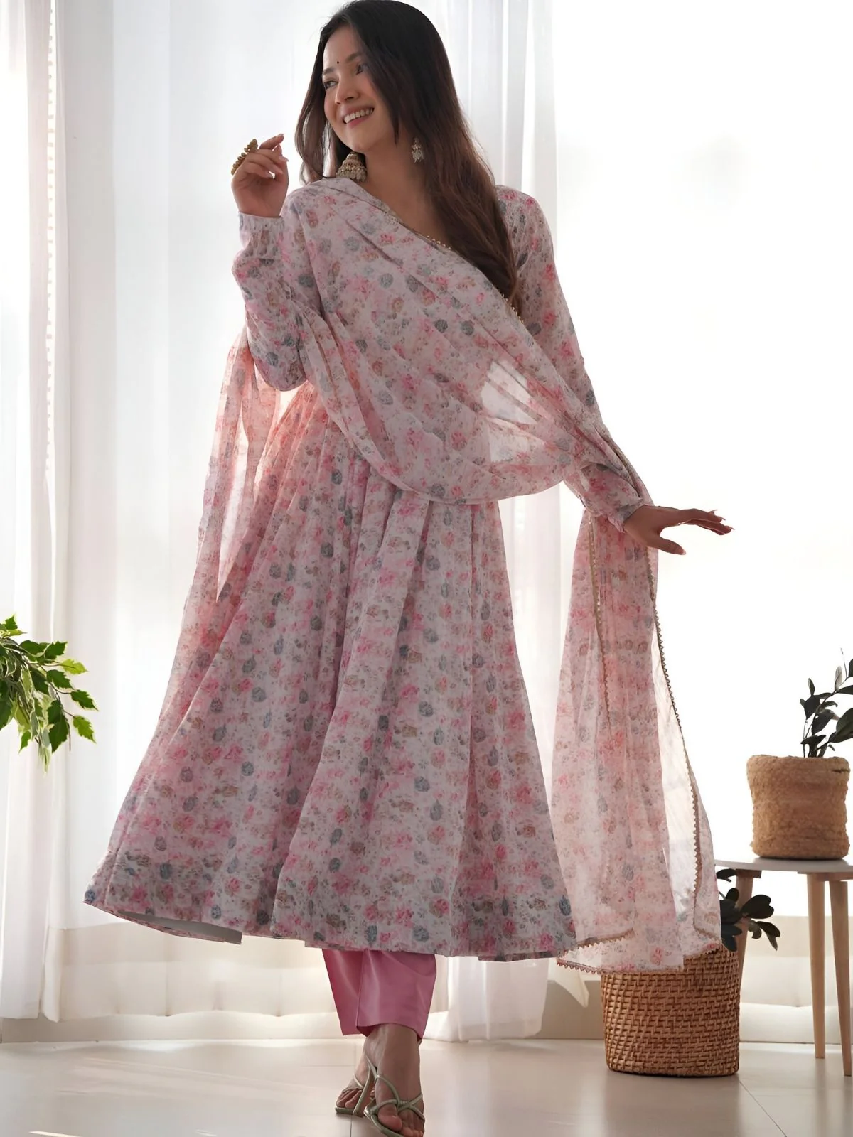 Odette Pink Chiffon Floral Digital Print Stitched Kurta Set For Women - Image 2