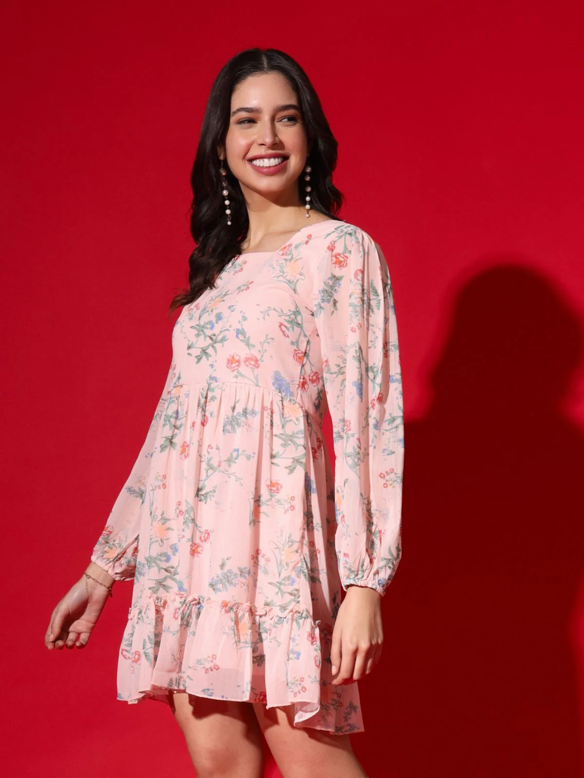 Odette Pink Chiffon Foil Printed Stitched Dress For Women - Image 3