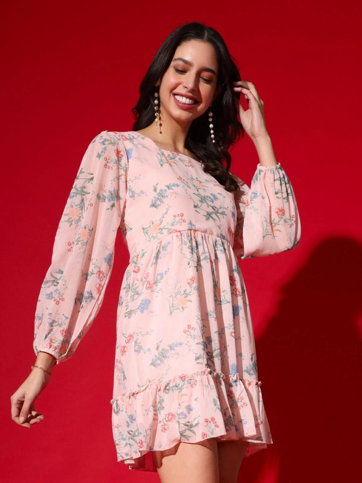 Odette Pink Chiffon Foil Printed Stitched Dress For Women - Image 4