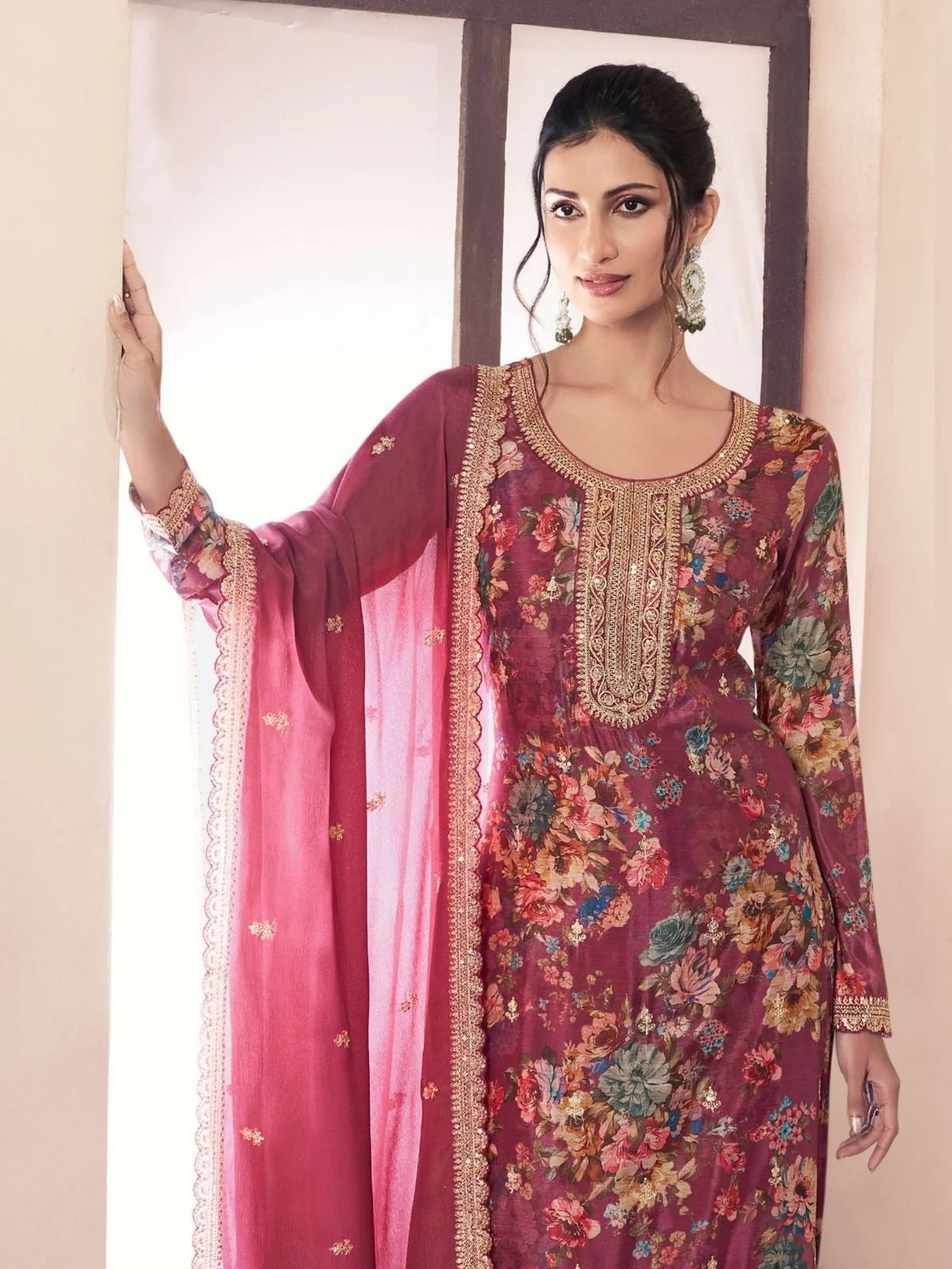 Odette Pink Chiffon Printed And Embroidered Semi Stitched Kurta Set For Women - Image 2