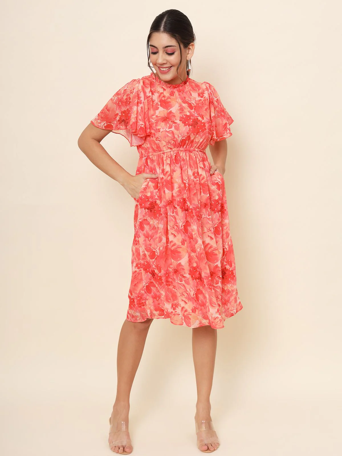Odette Pink Chiffon Printed Stitched Dress For Women - Image 2