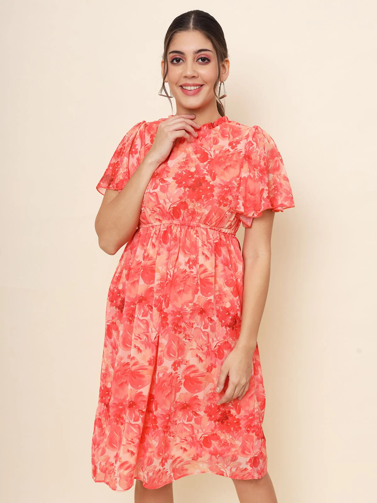 Odette Pink Chiffon Printed Stitched Dress For Women - Image 3