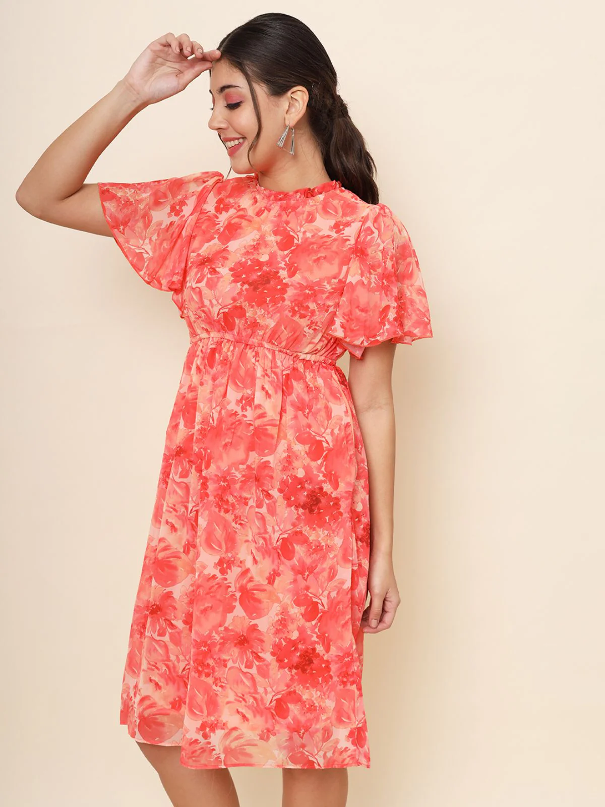 Odette Pink Chiffon Printed Stitched Dress For Women - Image 5